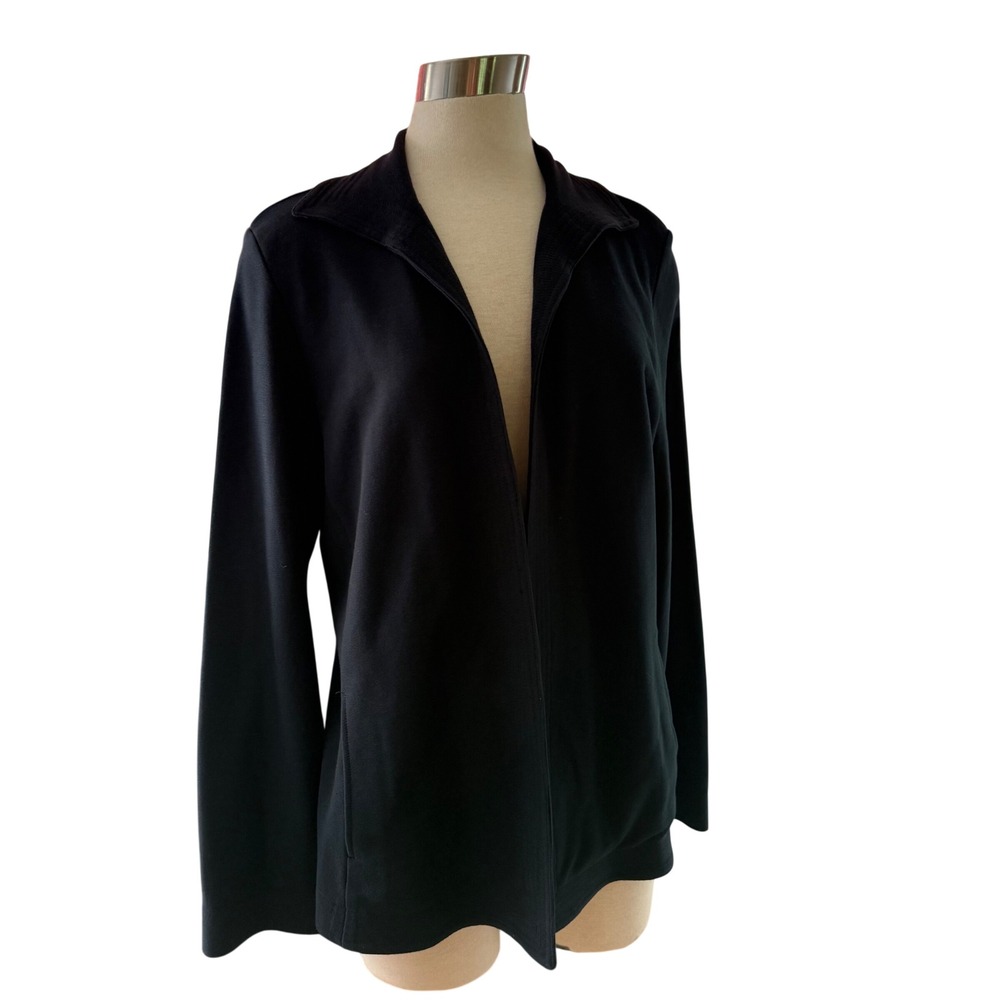 Eileen Fisher Cardigan Women Large Black 100% Cotton Open Front Ribbed Classic